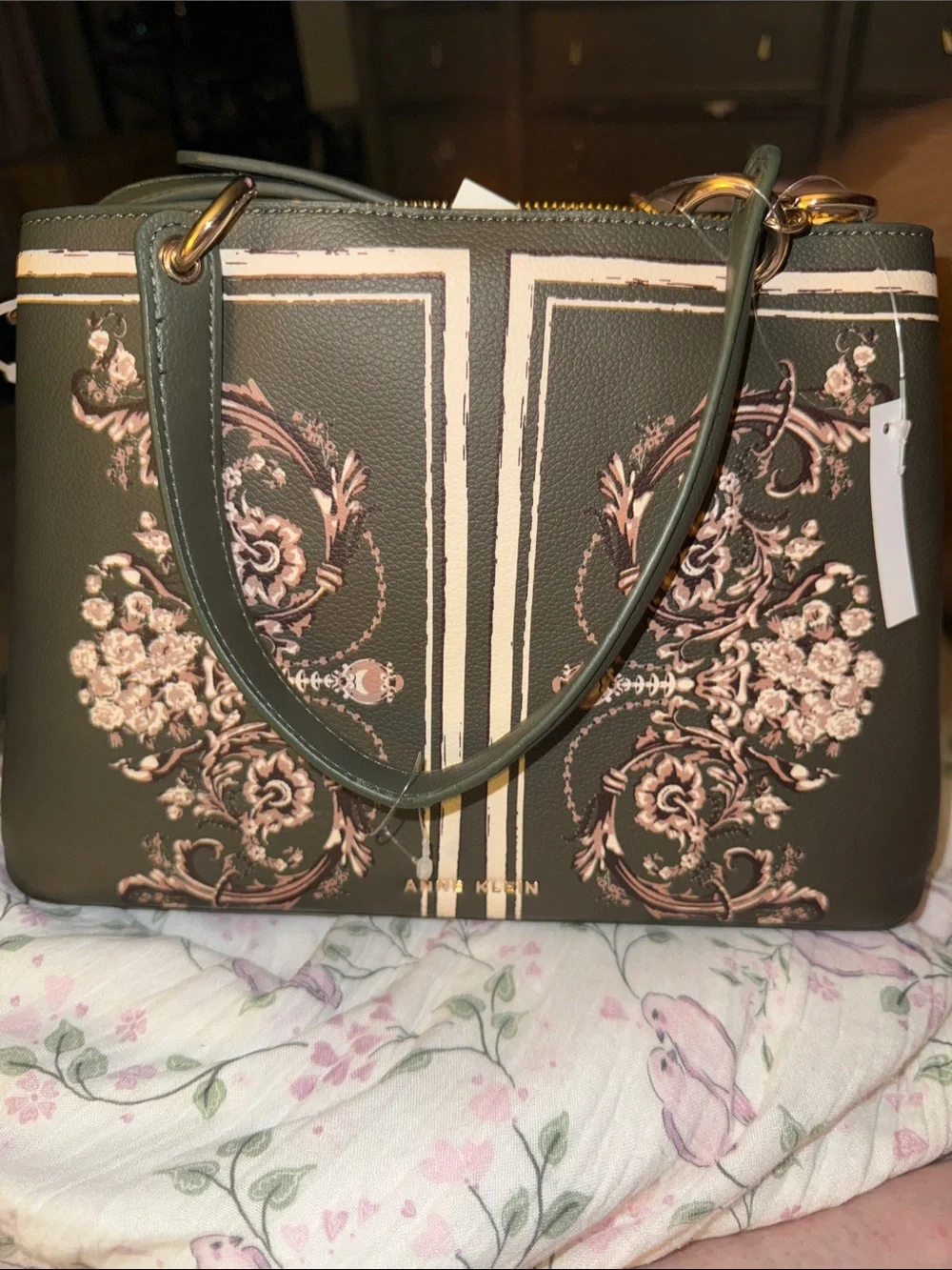 Anne Klein Olive Green Floral Satchel with Pink Accents